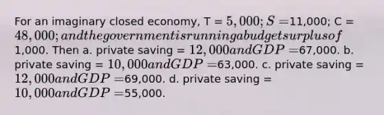 For an imaginary closed economy, T = 5,000; S =11,000; C = 48,000; and the government is running a budget surplus of1,000. Then a. private saving = 12,000 and GDP =67,000. b. private saving = 10,000 and GDP =63,000. c. private saving = 12,000 and GDP =69,000. d. private saving = 10,000 and GDP =55,000.