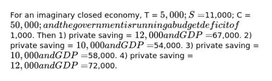 For an imaginary closed economy, T = 5,000; S =11,000; C = 50,000; and the government is running a budget deficit of1,000. Then 1) private saving = 12,000 and GDP =67,000. 2) private saving = 10,000 and GDP =54,000. 3) private saving = 10,000 and GDP =58,000. 4) private saving = 12,000 and GDP =72,000.