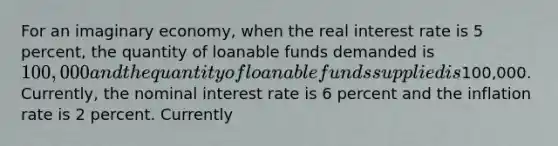 For an imaginary economy, when the real interest rate is 5 percent, the quantity of loanable funds demanded is 100,000 and the quantity of loanable funds supplied is100,000. Currently, the nominal interest rate is 6 percent and the inflation rate is 2 percent. Currently