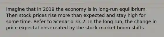 Imagine that in 2019 the economy is in long-run equilibrium. Then stock prices rise more than expected and stay high for some time. Refer to Scenario 33-2. In the long run, the change in price expectations created by the stock market boom shifts