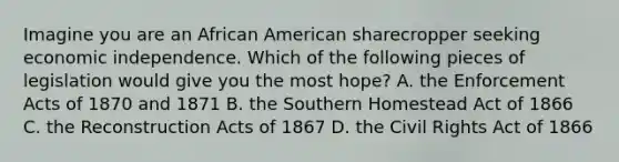 Imagine you are an African American sharecropper seeking economic independence. Which of the following pieces of legislation would give you the most hope? A. the Enforcement Acts of 1870 and 1871 B. the Southern Homestead Act of 1866 C. the Reconstruction Acts of 1867 D. the Civil Rights Act of 1866