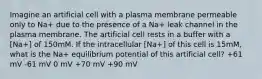 Imagine an artificial cell with a plasma membrane permeable only to Na+ due to the presence of a Na+ leak channel in the plasma membrane. The artificial cell rests in a buffer with a [Na+] of 150mM. If the intracellular [Na+] of this cell is 15mM, what is the Na+ equilibrium potential of this artificial cell? +61 mV -61 mV 0 mV +70 mV +90 mV