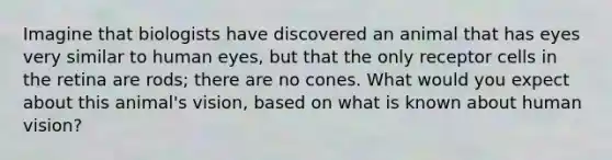 Imagine that biologists have discovered an animal that has eyes very similar to human eyes, but that the only receptor cells in the retina are rods; there are no cones. What would you expect about this animal's vision, based on what is known about human vision?