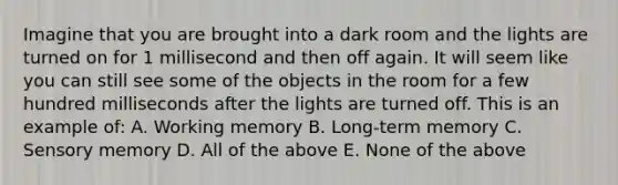 Imagine that you are brought into a dark room and the lights are turned on for 1 millisecond and then off again. It will seem like you can still see some of the objects in the room for a few hundred milliseconds after the lights are turned off. This is an example of: A. Working memory B. Long-term memory C. Sensory memory D. All of the above E. None of the above