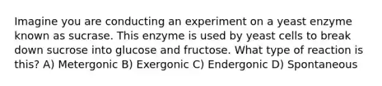 Imagine you are conducting an experiment on a yeast enzyme known as sucrase. This enzyme is used by yeast cells to break down sucrose into glucose and fructose. What type of reaction is this? A) Metergonic B) Exergonic C) Endergonic D) Spontaneous