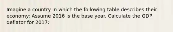 Imagine a country in which the following table describes their economy: Assume 2016 is the base year. Calculate the GDP deflator for 2017: