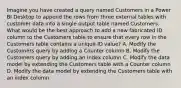 Imagine you have created a query named Customers in a Power BI Desktop to append the rows from three external tables with customer data into a single output table named Customers. What would be the best approach to add a new fabricated ID column to the Customers table to ensure that every row in the Customers table contains a unique ID value? A. Modify the Customers query by adding a Counter column B. Modify the Customers query by adding an Index column C. Modify the data model by extending the Customers table with a Counter column D. Modify the data model by extending the Customers table with an index column