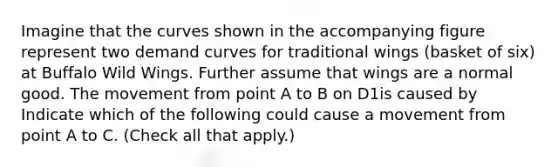 Imagine that the curves shown in the accompanying figure represent two demand curves for traditional wings​ (basket of​ six) at Buffalo Wild Wings. Further assume that wings are a normal good. The movement from point A to B on D1is caused by Indicate which of the following could cause a movement from point A to C. ​(Check all that​ apply.)