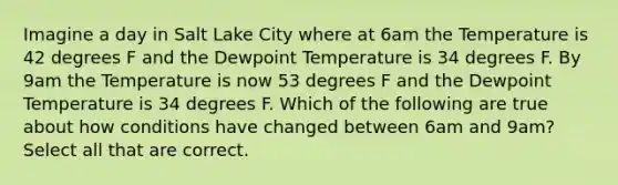 Imagine a day in Salt Lake City where at 6am the Temperature is 42 degrees F and the Dewpoint Temperature is 34 degrees F. By 9am the Temperature is now 53 degrees F and the Dewpoint Temperature is 34 degrees F. Which of the following are true about how conditions have changed between 6am and 9am? Select all that are correct.