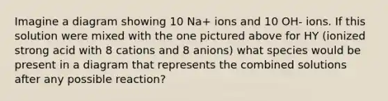 Imagine a diagram showing 10 Na+ ions and 10 OH- ions. If this solution were mixed with the one pictured above for HY (ionized strong acid with 8 cations and 8 anions) what species would be present in a diagram that represents the combined solutions after any possible reaction?