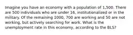 Imagine you have an economy with a population of 1,500. There are 500 individuals who are under 16, institutionalized or in the military. Of the remaining 1000, 700 are working and 50 are not working, but actively searching for work. What is the unemployment rate in this economy, according to the BLS?