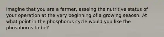 Imagine that you are a farmer, asseing the nutritive status of your operation at the very beginning of a growing seaosn. At what point in the phosphorus cycle would you like the phosphorus to be?