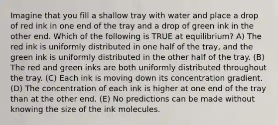 Imagine that you fill a shallow tray with water and place a drop of red ink in one end of the tray and a drop of green ink in the other end. Which of the following is TRUE at equilibrium? A) The red ink is uniformly distributed in one half of the tray, and the green ink is uniformly distributed in the other half of the tray. (B) The red and green inks are both uniformly distributed throughout the tray. (C) Each ink is moving down its concentration gradient. (D) The concentration of each ink is higher at one end of the tray than at the other end. (E) No predictions can be made without knowing the size of the ink molecules.