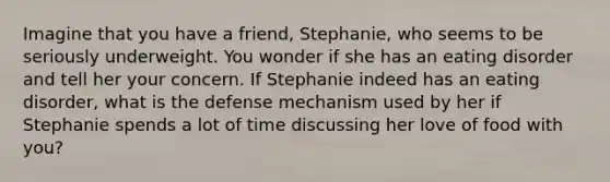 Imagine that you have a friend, Stephanie, who seems to be seriously underweight. You wonder if she has an eating disorder and tell her your concern. If Stephanie indeed has an eating disorder, what is the defense mechanism used by her if Stephanie spends a lot of time discussing her love of food with you?