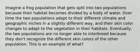 Imagine a frog population that gets split into two populations because their habitat becomes divided by a body of water. Over time the two populations adapt to their different climate and geographic niches in a slightly different way, and their skin color changes to adapt to the vegetation in their habitats. Eventually, the two populations are no longer able to interbreed because they don't recognize the different skin colors of the other population. This is an example of what?