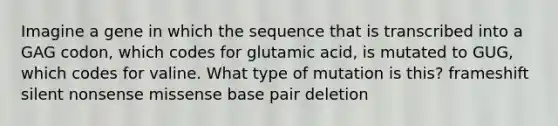 Imagine a gene in which the sequence that is transcribed into a GAG codon, which codes for glutamic acid, is mutated to GUG, which codes for valine. What type of mutation is this? frameshift silent nonsense missense base pair deletion