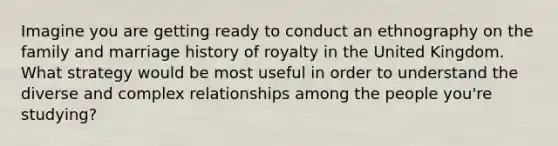 Imagine you are getting ready to conduct an ethnography on the family and marriage history of royalty in the United Kingdom. What strategy would be most useful in order to understand the diverse and complex relationships among the people you're studying?