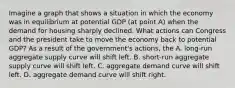 Imagine a graph that shows a situation in which the economy was in equilibrium at potential GDP​ (at point​ A) when the demand for housing sharply declined. What actions can Congress and the president take to move the economy back to potential​ GDP? As a result of the​ government's actions, the A. ​long-run aggregate supply curve will shift left. B. ​short-run aggregate supply curve will shift left. C. aggregate demand curve will shift left. D. aggregate demand curve will shift right.