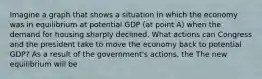 Imagine a graph that shows a situation in which the economy was in equilibrium at potential GDP​ (at point​ A) when the demand for housing sharply declined. What actions can Congress and the president take to move the economy back to potential​ GDP? As a result of the​ government's actions, the The new equilibrium will be