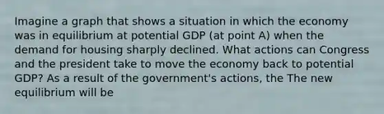 Imagine a graph that shows a situation in which the economy was in equilibrium at potential GDP​ (at point​ A) when the demand for housing sharply declined. What actions can Congress and the president take to move the economy back to potential​ GDP? As a result of the​ government's actions, the The new equilibrium will be