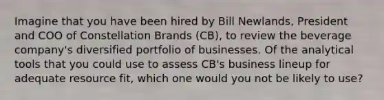 Imagine that you have been hired by Bill Newlands, President and COO of Constellation Brands (CB), to review the beverage company's diversified portfolio of businesses. Of the analytical tools that you could use to assess CB's business lineup for adequate resource fit, which one would you not be likely to use?