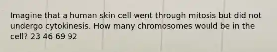 Imagine that a human skin cell went through mitosis but did not undergo cytokinesis. How many chromosomes would be in the cell? 23 46 69 92