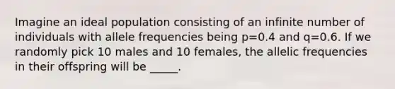 Imagine an ideal population consisting of an infinite number of individuals with allele frequencies being p=0.4 and q=0.6. If we randomly pick 10 males and 10 females, the allelic frequencies in their offspring will be _____.