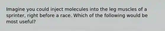 Imagine you could inject molecules into the leg muscles of a sprinter, right before a race. Which of the following would be most useful?