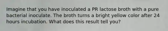 Imagine that you have inoculated a PR lactose broth with a pure bacterial inoculate. The broth turns a bright yellow color after 24 hours incubation. What does this result tell you?