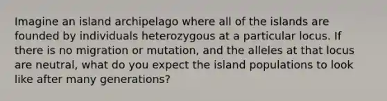 Imagine an island archipelago where all of the islands are founded by individuals heterozygous at a particular locus. If there is no migration or mutation, and the alleles at that locus are neutral, what do you expect the island populations to look like after many generations?