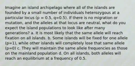 Imagine an island archipelago where all of the islands are founded by a small number of individuals heterozygous at a particular locus (p = 0.5, q=0.5). If there is no migration or mutation, and the alleles at that locus are neutral, what do you expect the island populations to look like after many generations? a. It is most likely that the same allele will reach fixation on all islands. b. Some islands will be fixed for one allele (p=1), while other islands will completely lose that same allele (p=0) c. They will maintain the same allele frequencies as those on the mainland population d. On all islands, both alleles will reach an equilibrium at a frequency of 0.5.