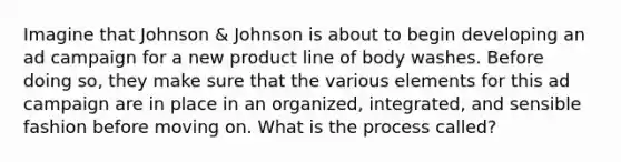 Imagine that Johnson & Johnson is about to begin developing an ad campaign for a new product line of body washes. Before doing so, they make sure that the various elements for this ad campaign are in place in an organized, integrated, and sensible fashion before moving on. What is the process called?