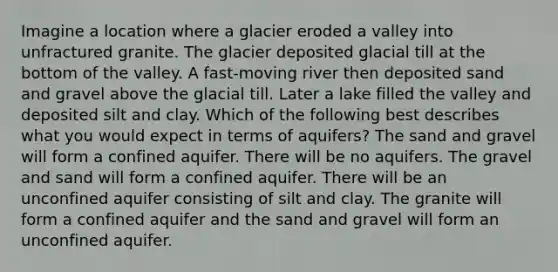 Imagine a location where a glacier eroded a valley into unfractured granite. The glacier deposited glacial till at the bottom of the valley. A fast-moving river then deposited sand and gravel above the glacial till. Later a lake filled the valley and deposited silt and clay. Which of the following best describes what you would expect in terms of aquifers? The sand and gravel will form a confined aquifer. There will be no aquifers. The gravel and sand will form a confined aquifer. There will be an unconfined aquifer consisting of silt and clay. The granite will form a confined aquifer and the sand and gravel will form an unconfined aquifer.