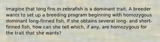 Imagine that long fins in zebrafish is a dominant trait. A breeder wants to set up a breeding program beginning with homozygous dominant long-finned fish. If she obtains several long- and short-finned fish, how can she tell which, if any, are homozygous for the trait that she wants?