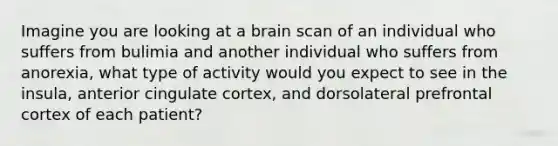 Imagine you are looking at a brain scan of an individual who suffers from bulimia and another individual who suffers from anorexia, what type of activity would you expect to see in the insula, anterior cingulate cortex, and dorsolateral prefrontal cortex of each patient?