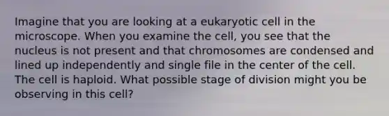 Imagine that you are looking at a eukaryotic cell in the microscope. When you examine the cell, you see that the nucleus is not present and that chromosomes are condensed and lined up independently and single file in the center of the cell. The cell is haploid. What possible stage of division might you be observing in this cell?