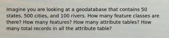 Imagine you are looking at a geodatabase that contains 50 states, 500 cities, and 100 rivers. How many feature classes are there? How many features? How many attribute tables? How many total records in all the attribute table?