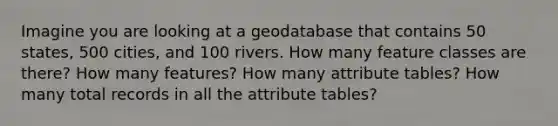 Imagine you are looking at a geodatabase that contains 50 states, 500 cities, and 100 rivers. How many feature classes are there? How many features? How many attribute tables? How many total records in all the attribute tables?