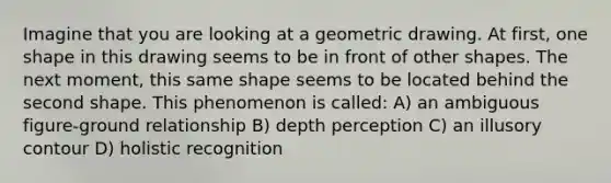 Imagine that you are looking at a geometric drawing. At first, one shape in this drawing seems to be in front of other shapes. The next moment, this same shape seems to be located behind the second shape. This phenomenon is called: A) an ambiguous figure-ground relationship B) depth perception C) an illusory contour D) holistic recognition