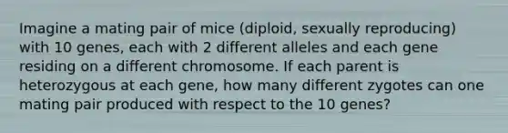 Imagine a mating pair of mice (diploid, sexually reproducing) with 10 genes, each with 2 different alleles and each gene residing on a different chromosome. If each parent is heterozygous at each gene, how many different zygotes can one mating pair produced with respect to the 10 genes?