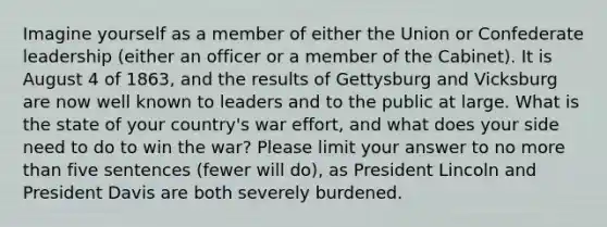 Imagine yourself as a member of either the Union or Confederate leadership (either an officer or a member of the Cabinet). It is August 4 of 1863, and the results of Gettysburg and Vicksburg are now well known to leaders and to the public at large. What is the state of your country's war effort, and what does your side need to do to win the war? Please limit your answer to no more than five sentences (fewer will do), as President Lincoln and President Davis are both severely burdened.