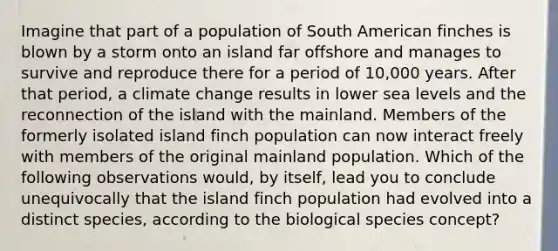 Imagine that part of a population of South American finches is blown by a storm onto an island far offshore and manages to survive and reproduce there for a period of 10,000 years. After that period, a climate change results in lower sea levels and the reconnection of the island with the mainland. Members of the formerly isolated island finch population can now interact freely with members of the original mainland population. Which of the following observations would, by itself, lead you to conclude unequivocally that the island finch population had evolved into a distinct species, according to the biological species concept?