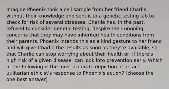 Imagine Phoenix took a cell sample from her friend Charlie without their knowledge and sent it to a genetic testing lab to check for risk of several diseases. Charlie has, in the past, refused to consider genetic testing, despite their ongoing concerns that they may have inherited health conditions from their parents. Phoenix intends this as a kind gesture to her friend and will give Charlie the results as soon as they're available, so that Charlie can stop worrying about their health or, if there's high risk of a given disease, can look into prevention early. Which of the following is the most accurate depiction of an act utilitarian ethicist's response to Phoenix's action? [choose the one best answer]