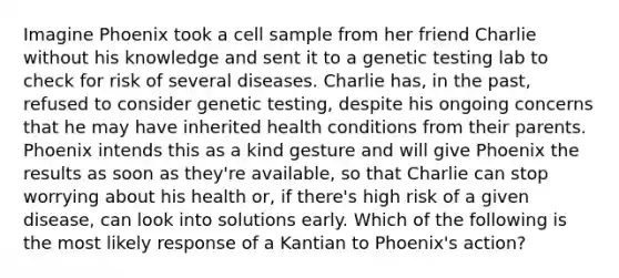 Imagine Phoenix took a cell sample from her friend Charlie without his knowledge and sent it to a genetic testing lab to check for risk of several diseases. Charlie has, in the past, refused to consider genetic testing, despite his ongoing concerns that he may have inherited health conditions from their parents. Phoenix intends this as a kind gesture and will give Phoenix the results as soon as they're available, so that Charlie can stop worrying about his health or, if there's high risk of a given disease, can look into solutions early. Which of the following is the most likely response of a Kantian to Phoenix's action?