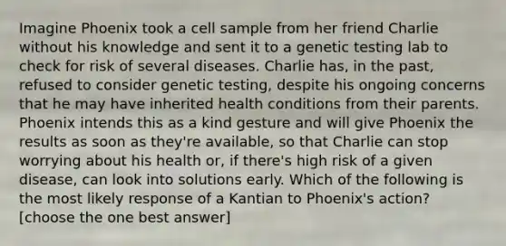 Imagine Phoenix took a cell sample from her friend Charlie without his knowledge and sent it to a genetic testing lab to check for risk of several diseases. Charlie has, in the past, refused to consider genetic testing, despite his ongoing concerns that he may have inherited health conditions from their parents. Phoenix intends this as a kind gesture and will give Phoenix the results as soon as they're available, so that Charlie can stop worrying about his health or, if there's high risk of a given disease, can look into solutions early. Which of the following is the most likely response of a Kantian to Phoenix's action? [choose the one best answer]