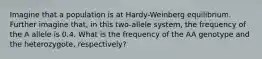 Imagine that a population is at Hardy-Weinberg equilibrium. Further imagine that, in this two-allele system, the frequency of the A allele is 0.4. What is the frequency of the AA genotype and the heterozygote, respectively?