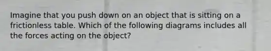 Imagine that you push down on an object that is sitting on a frictionless table. Which of the following diagrams includes all the forces acting on the object?