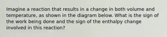 Imagine a reaction that results in a change in both volume and temperature, as shown in the diagram below. What is the sign of the work being done and the sign of the enthalpy change involved in this reaction?