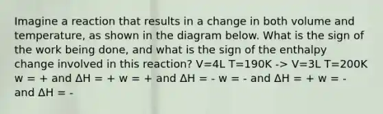 Imagine a reaction that results in a change in both volume and temperature, as shown in the diagram below. What is the sign of the work being done, and what is the sign of the enthalpy change involved in this reaction? V=4L T=190K -> V=3L T=200K w = + and ΔH = + w = + and ΔH = - w = - and ΔH = + w = - and ΔH = -