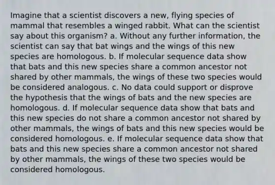 Imagine that a scientist discovers a new, flying species of mammal that resembles a winged rabbit. What can the scientist say about this organism? a. Without any further information, the scientist can say that bat wings and the wings of this new species are homologous. b. If molecular sequence data show that bats and this new species share a common ancestor not shared by other mammals, the wings of these two species would be considered analogous. c. No data could support or disprove the hypothesis that the wings of bats and the new species are homologous. d. If molecular sequence data show that bats and this new species do not share a common ancestor not shared by other mammals, the wings of bats and this new species would be considered homologous. e. If molecular sequence data show that bats and this new species share a common ancestor not shared by other mammals, the wings of these two species would be considered homologous.